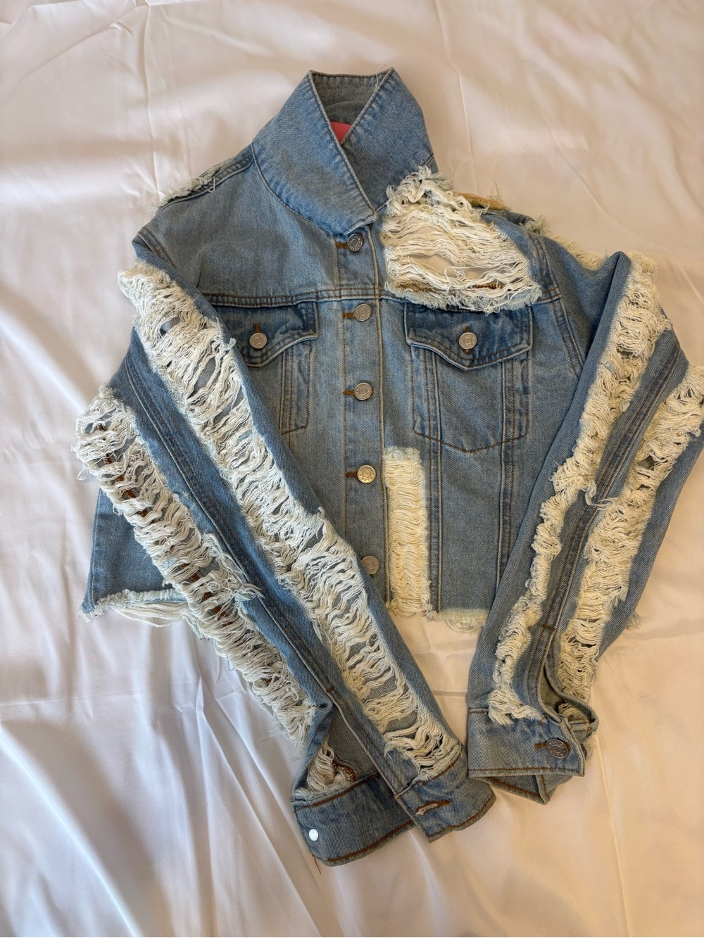 Distressed Light Blue Denim Jacket - Women's Cropped Trucker